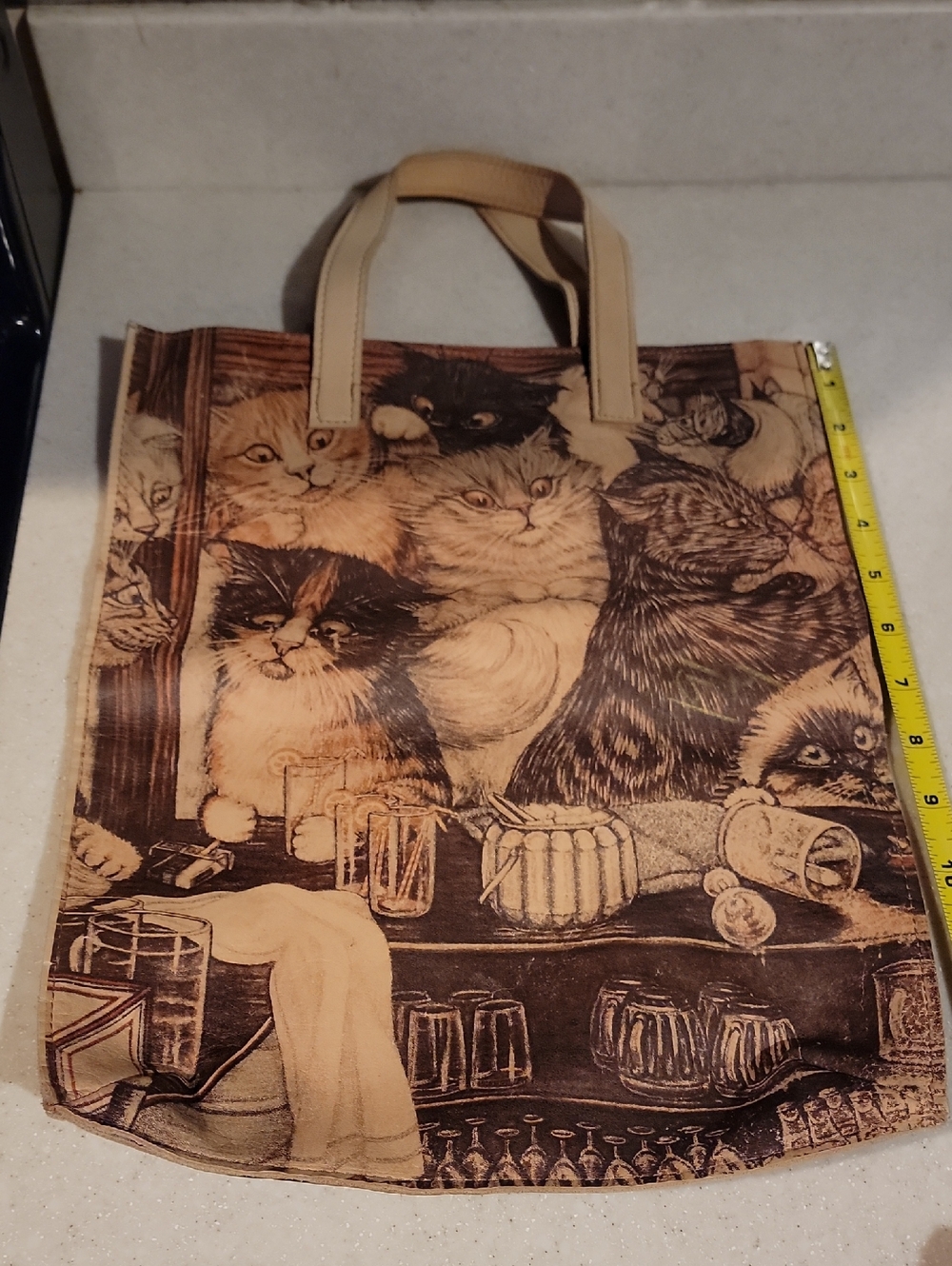 Vintage Leather Cat Print Tote Bag in Brown and Cream